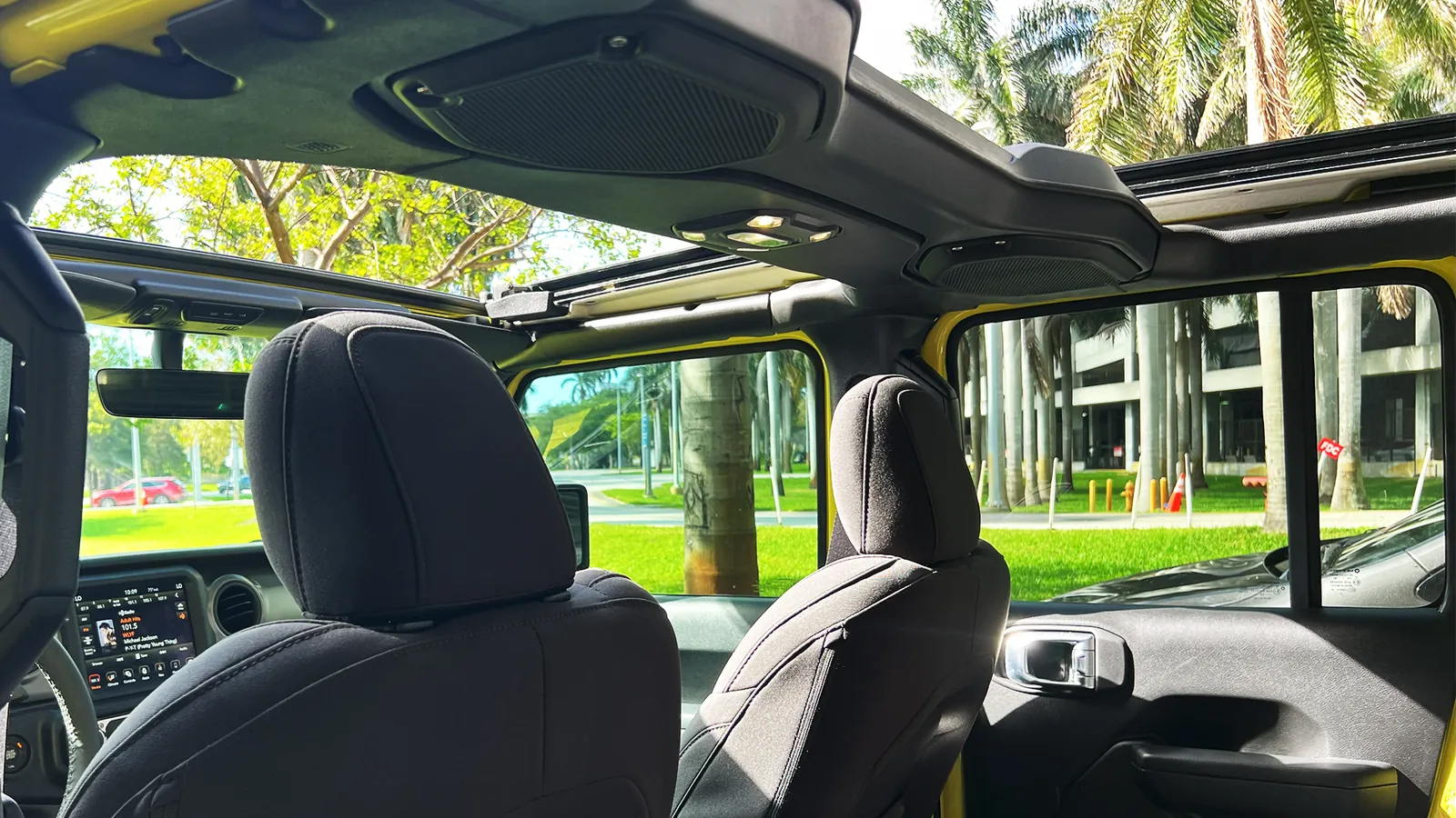 Jeep with the top open under palm trees